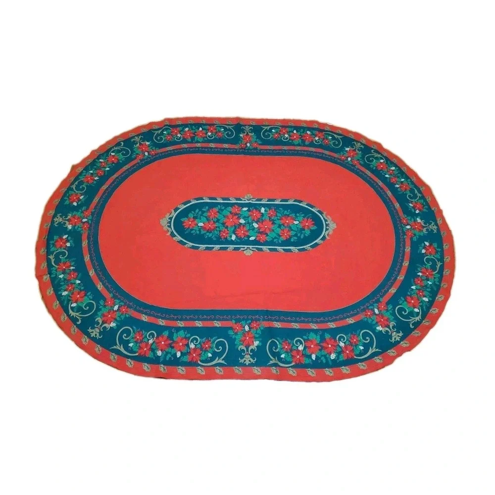 Poinsettia Christmas Tablecloth Oval 58x80 with Napkins 16x16‎ Red and Green